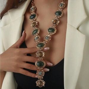 Elegant Gold-Tone Necklace with Green and Brown Gemstones - Women Jewelry